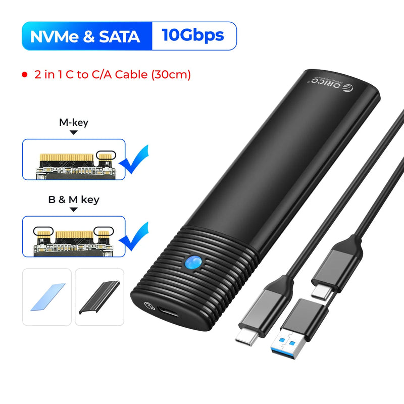 ORICO M2 NVMe SSD Enclosure 10Gbps PCIe M.2 NVMe SATA SSD Case Portable USB C 3.2Gen2 Tool Free External Adapter with Metal Heat