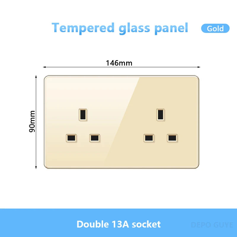 UK 13A Wall Tempered glass Socket Plug,British Standard Double 13A Wall Electrical Power Outlet Panel Black/White/Gray/Glod