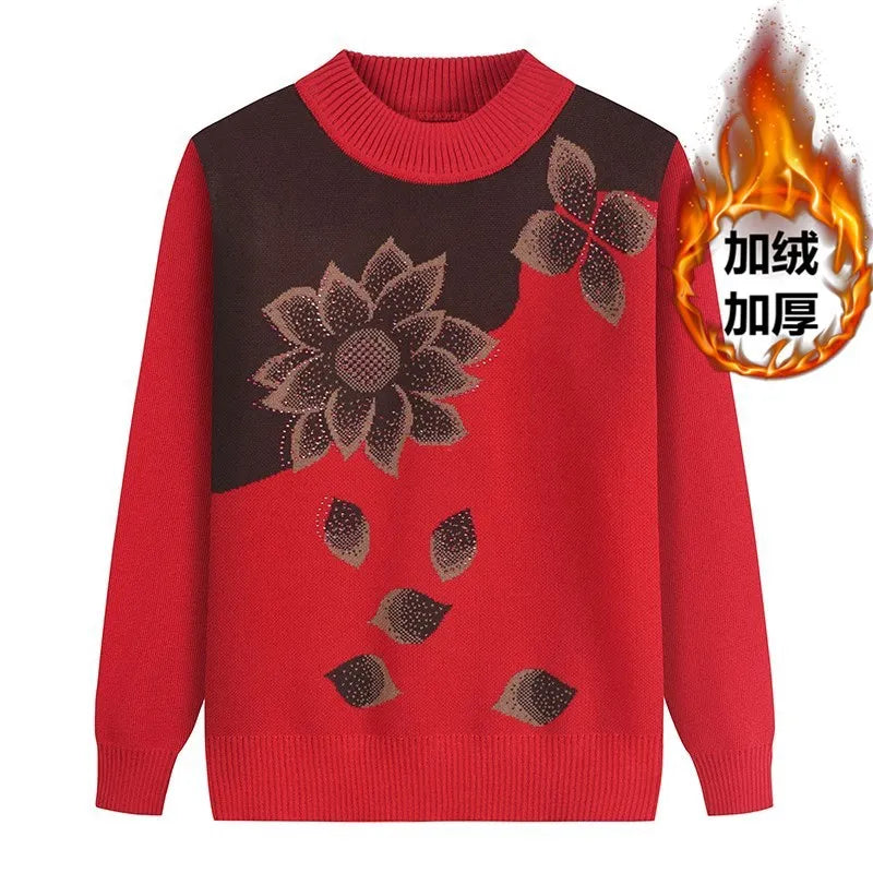 Winter Clothes Grandma Pullover Knitted Sweater Thick Middle-Aged Elderly Mother Bottoming Shirt Velvet Long Sleeve Top Women