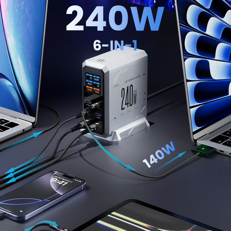 ស្ថានីយ សាក ថ្ម GaN 240W PD3.1 USB Type C 140W សាក ថ្ម លឿន ជាមួយ អេក្រង់ LCD សម្រាប់ iPhone 17 16 Samsung MacBook iPad កុំព្យូទ័រ យួរដៃ ថេប្លេត