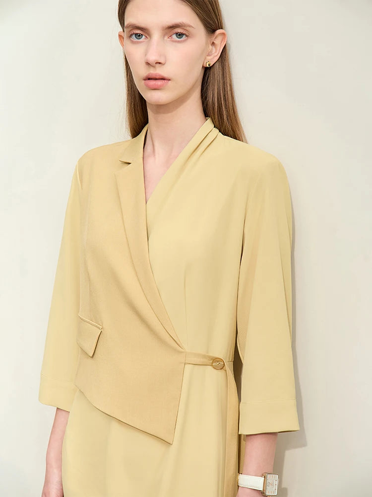 រ៉ូប Amii Minimalism Fake Two Pieces Spliced សម្រាប់ស្ត្រីឆ្នាំ ២០២៤ រដូវស្លឹកឈើជ្រុះថ្មី Midi Commuter រ៉ូបស្តើងដៃបីភាគបួន ១២៤២១០៦៩