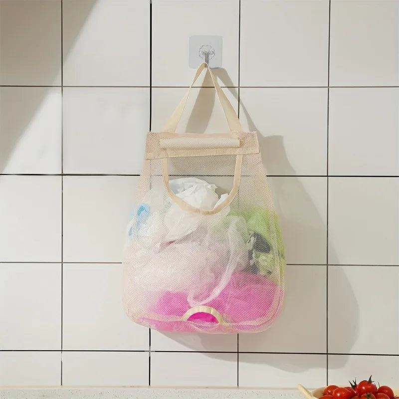 1pc Wall-Mounted Kitchen Trash Bag Organizer,Washable Mesh bag,Japanese-Style Large Capacity Plastic Bag Storage bag,Large Size