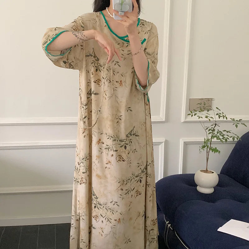 Half Sleeve Length Sleep Shirts For Women Printed Cotton Nightgowns Vintage Slim Ladies Sleepwear Dress Home Wear Nightshirt