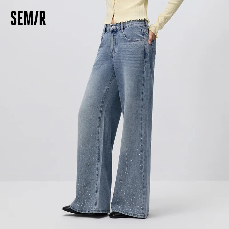 Semir Women Jeans Rhinestone Loose Slight Flare Design Sense Slim Casual Autumn Denim Pants Urban Daily Wear 2026