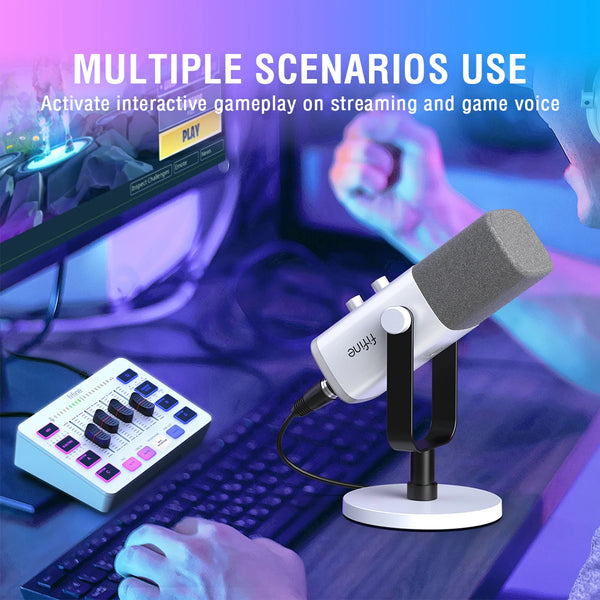 ឈុត FIFINE RGB Streaming Podcast ជាមួយមីក្រូហ្វូនថាមវន្ត និងឧបករណ៍លាយសំឡេងសម្រាប់លេងហ្គេម/ថត/ផ្សាយផ្ទាល់ ការគ្រប់គ្រងសំឡេងភ្លាមៗ - KS5W