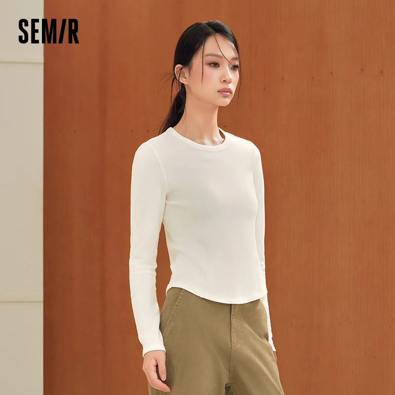 Semir Women Knit Tshirt Cropped Solid Color Crew Neck Brushed Fabric Slim Fit Panel Design Minimal Design 2026 New