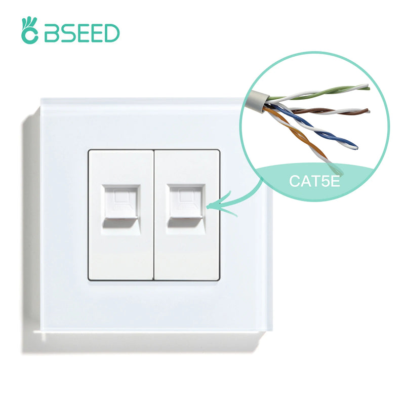 BSEED Double CAT5 Network Data Socket Internet RJ45 CAT6 PC Wall Outlet  EU Standard Tempered Glass Panel White Black Golden