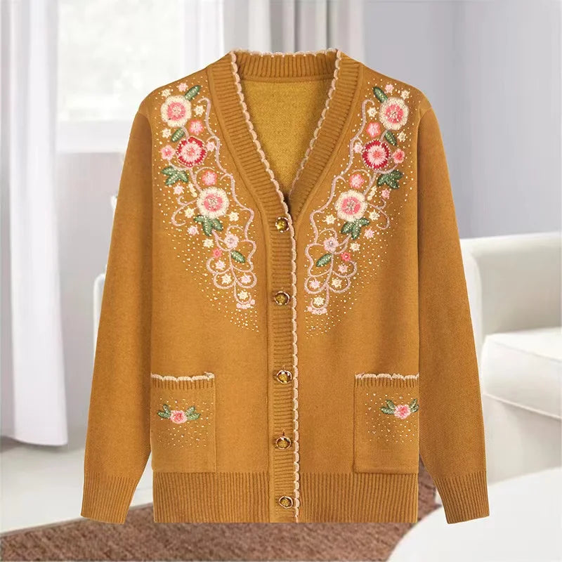 New Casual V-neck Long Sleeve Coat Female Knitted Wool Sweater Spring Autumn Middle-aged Elderly Women's Sweater Cardigan Jacket