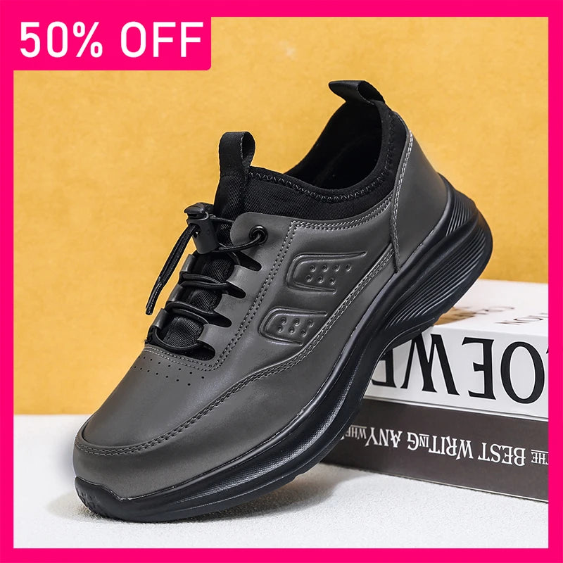 Men Sneakers Fashion Lace Up Wear-resistant High-quality Leather Sneakers Spring Thick Soled Non Slip Casual Shoes Large Size