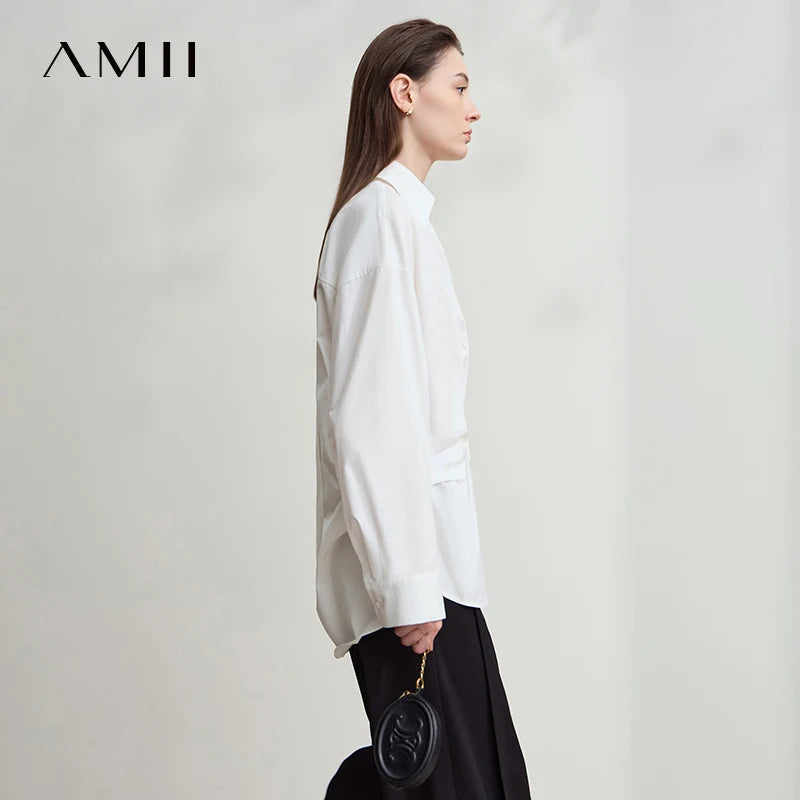 AMII Women's Blouse 2026 Autumn New Elegant Long Sleeves Shirts Woman Clothes Casual Bow V-neck Pleated Ladies Tops 12553041