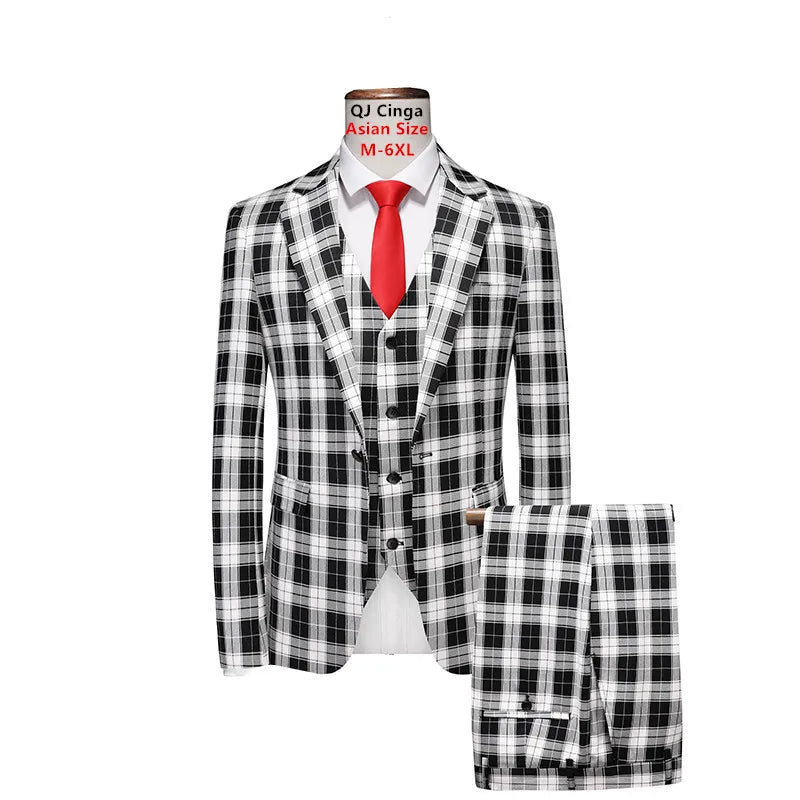 Men's Black-White Striped Plaid Suit 3-Piece, Wedding Party Dress Jacket and Vest with Trousers, Asian Sizes Red Slim Fit Sets.