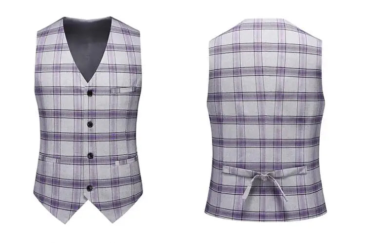 2026 Men's Gray-Purple Striped Plaid Suit Vest, Asian Sizes Red Slim Vests, Single-breasted V-neck Waistcoat, M-4XL 5XL 6XL
