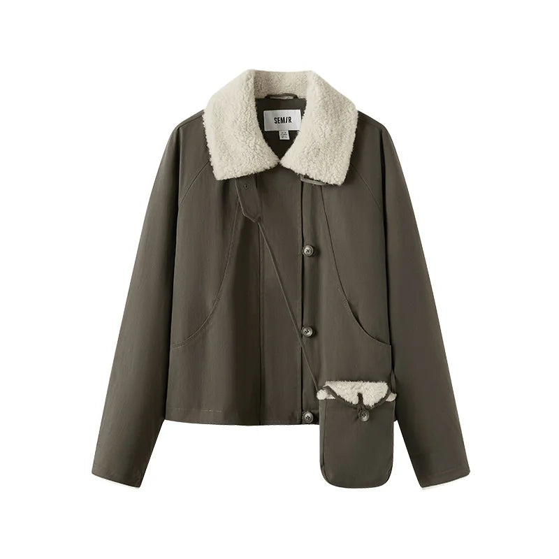Semir Women Winter Jacket Plush Collar Loose Fit Raglan Sleeve Vintage Style Workwear 2026 New Winter Daily Wear