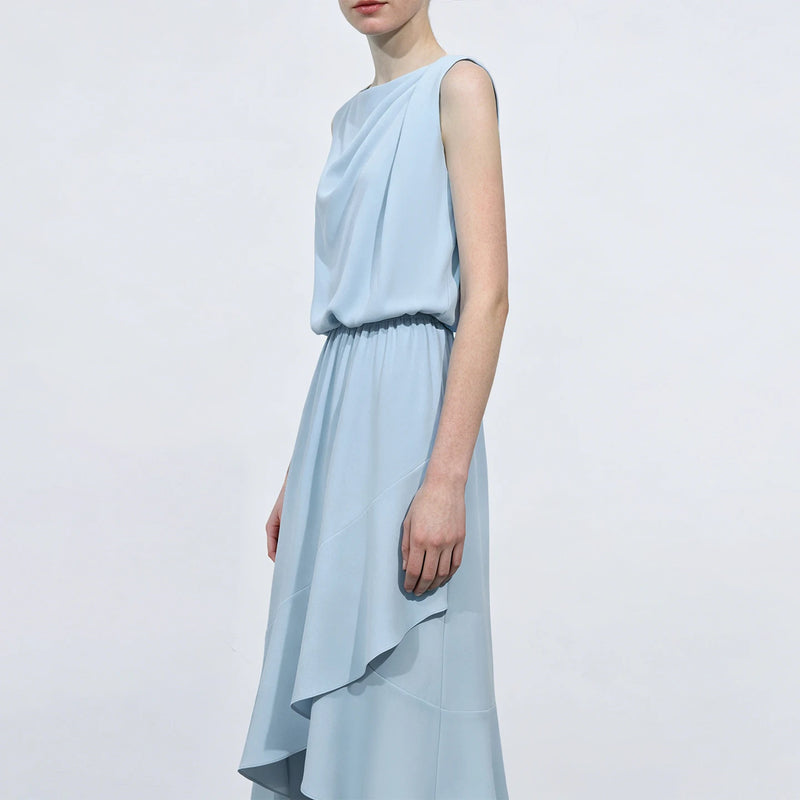 Amii Sleeveless Women Dress 2026 Summer New Bateau Neck Elastic Waist Elegant Asymmetrical Ruffle Casual Chiffon Dress 12642049