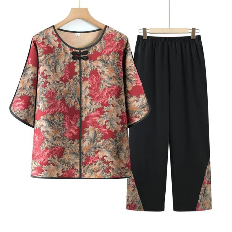 សំលៀកបំពាក់យាយធំ XL-6XL ឈុតសម្លៀកបំពាក់នៅផ្ទះរចនាប័ទ្មចិនថ្មីសម្រាប់ម្តាយបែប Retro ឈុតសម្លៀកបំពាក់ពីរដុំសម្រាប់រដូវផ្ការីករដូវស្លឹកឈើជ្រុះ ឈុតគេងធម្មតា