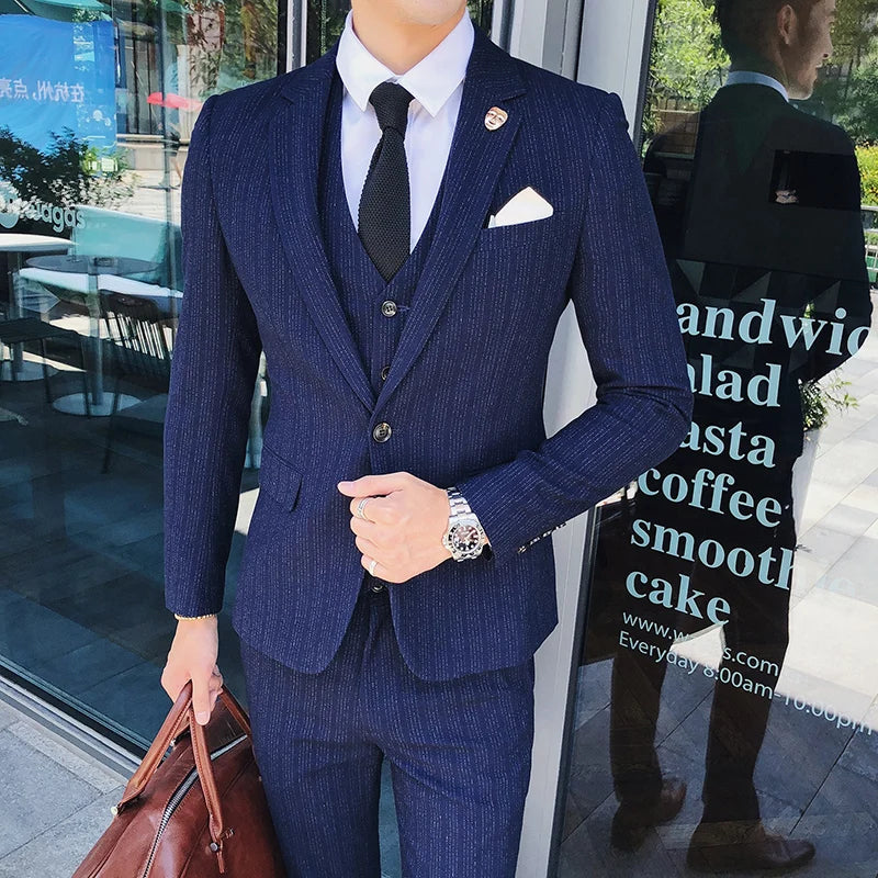 2026 Men Black Classic Striped/Checked Suits, Men's Business Office 3-Piece, Asian Size Slim Fit Sets, Blue/Gray Available