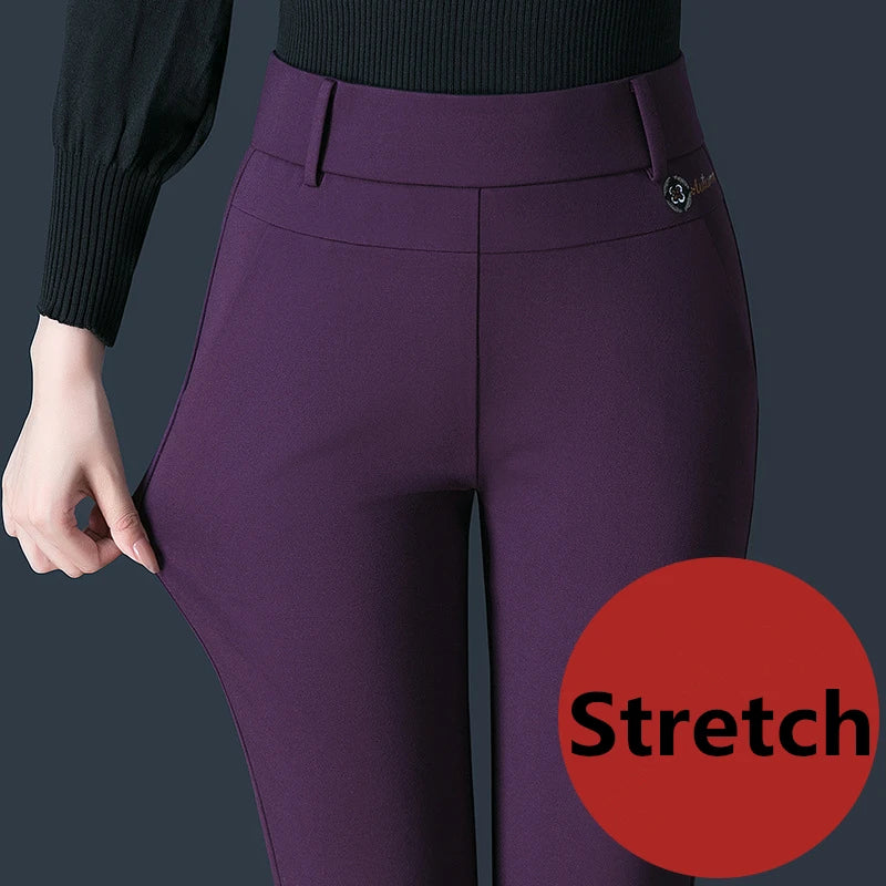 Women's Black Elastic Waist Pants, Fashion Slim Flare Pant, Khaki Camel Trousers, Navy Blue Pantalones Female, Asian Size S-10XL