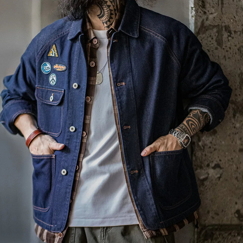 អាវក្រៅ Maden Vintage ទំហំ 12.8oz ធ្វើពី Denim ទម្ងន់ធ្ងន់ ប៉ាក់សញ្ញាសម្គាល់ បោកគក់ សម្លៀកបំពាក់ក្រៅធម្មតាសម្រាប់បុរស អាវក្រៅរដូវផ្ការីក និងរដូវស្លឹកឈើជ្រុះ