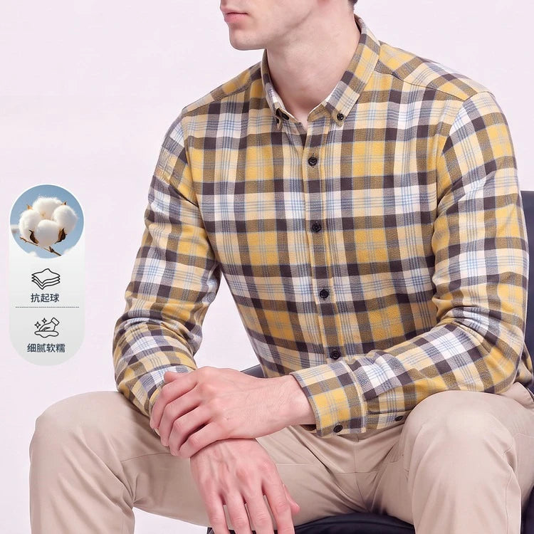Men's 100% Cotton Brushed Plaid Long Sleeve Shirt – Soft Flannel Casual Button-Down for Outdoor & Daily Wear