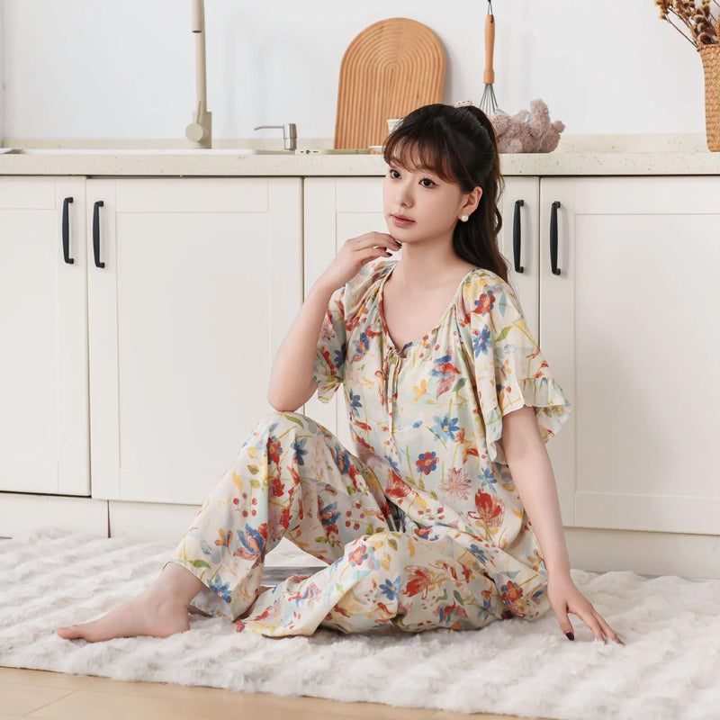 Thin Summer Wear Short Sleeve Home Suit For Women Pajamas Ladies Two-piece Set Pyjama Femmes Floral 2PCS Women's Pajamas Set