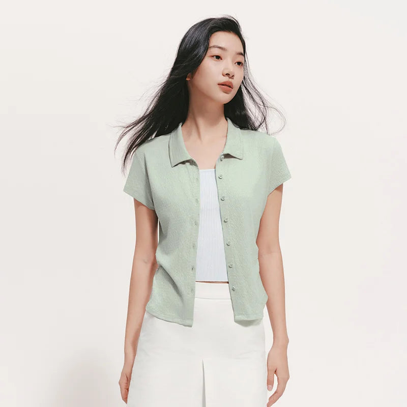 Semir Womens Polo 2026 Short Ruched Slim Jacquard Texture Lapel Gentle Casual Soft