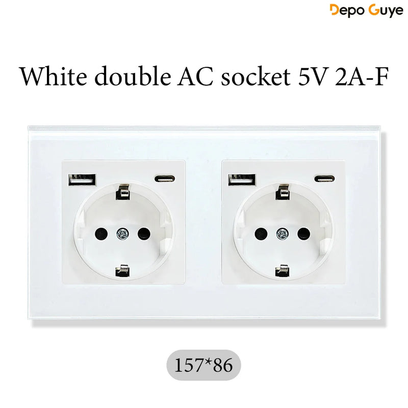 European Standard 4 Gang Wall Power Socket 16A Glass Panel with Three USB Type-C Ports White Black Industrial Home Hotel