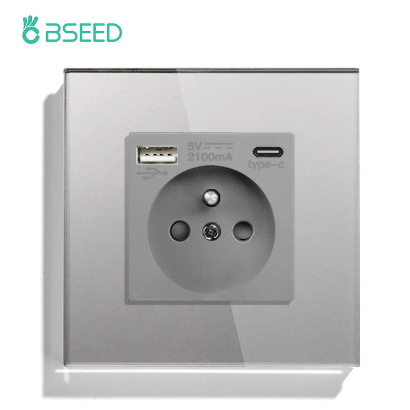 BSEED France Standard Wall Electrical Outlet USB Type-C Charge Port Glass Panel 20W Fast Charge French Socket 110-250V