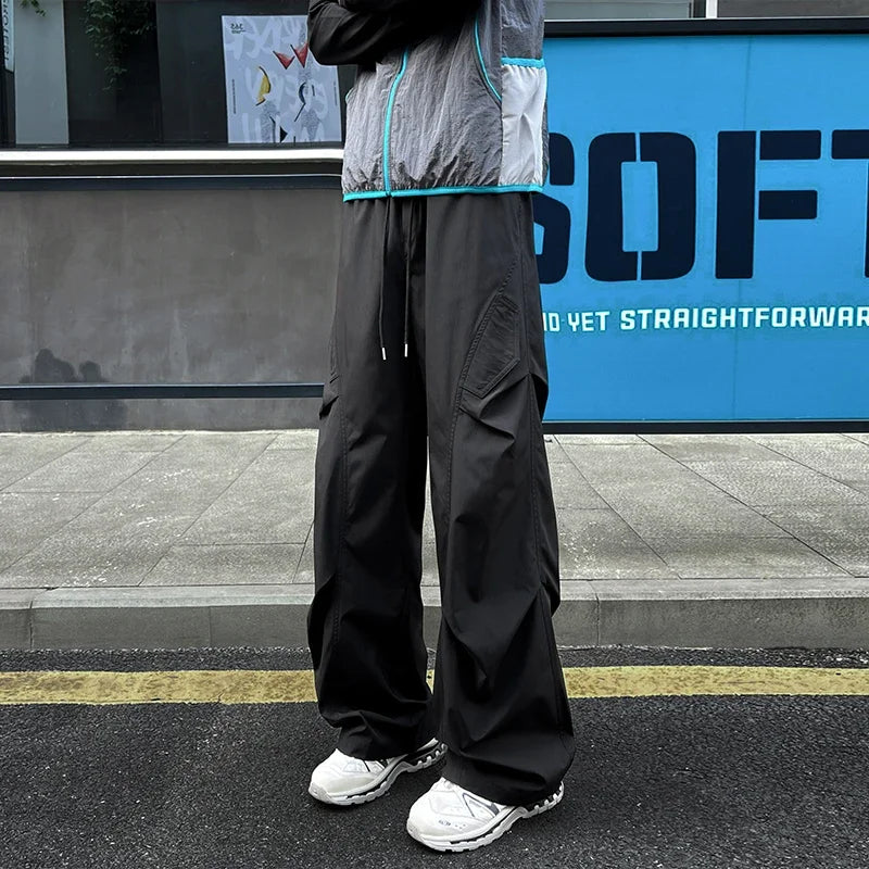 Men Baggy Wide Leg Cargo Pants Elastic Drawstring Waist Pleated Side Pockets For Street Fashion Daily Casual Commute Wear