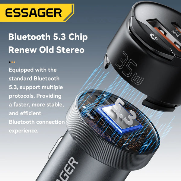 Essager Bluetooth 5.3 Car Charger 3.5mm AUX Adapter PD35W QC30W Car Fast Charger for iPhone 16 15 Pro Huawei Xiaomi Samsung iPad