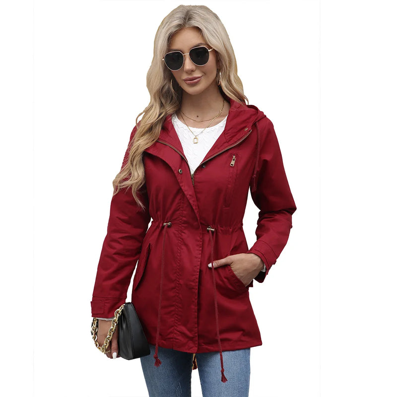 2026 Women Burgundy Hooded Jacket, Green Long Sleeves Windproof Jackets Fashion Casual Coat Black Blue Coffee Khaki S-4XL