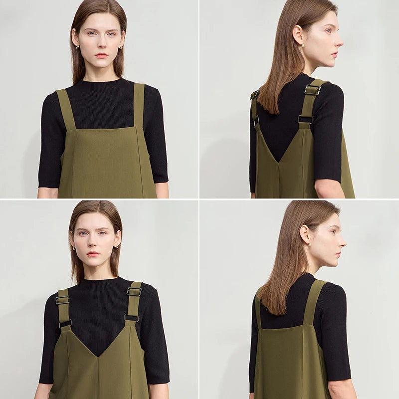 AMII Loose Solid Color Dress Two Wear Front Back Casual 2026 Summer Women Simple Retro Strap Office Lady Pocket A Line 12552090
