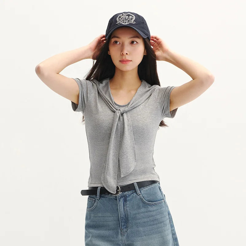 Semir Women Tshirt Short Length Fake Two Piece Lace Lapel Shawl Standard Shoulder Slim Fit 2026 Summer Fashion Top