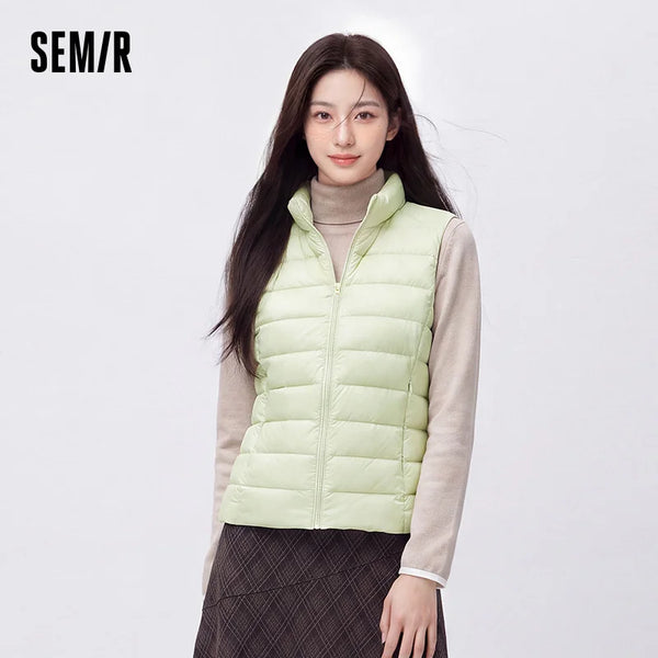 អាវកាក់ Semir សម្រាប់ស្ត្រី ទម្ងន់ស្រាល ៩០ ភាគរយ ធ្វើពីរោមចៀម កអាវឈរ ស្លីម រាងជាស្រទាប់ ពណ៌សុទ្ធ ថ្មីឆ្នាំ ២០២៦