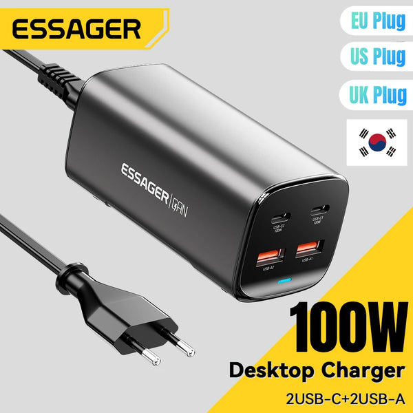 ឆ្នាំងសាក Essager 100W GaN ឆ្នាំងសាកលើតុ កុំព្យូទ័រយួរដៃ ឆ្នាំងសាកលឿន 65W 4 ក្នុង 1 សម្រាប់ iPhone 15 14 13 Pro Max ឆ្នាំងសាកទូរស័ព្ទ Xiaomi Samsung
