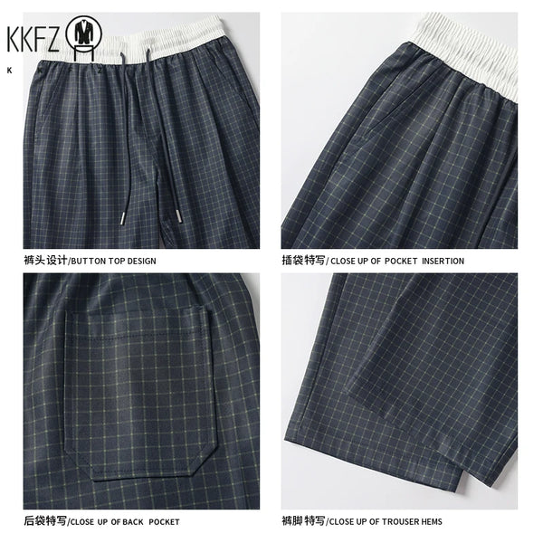 Men Plaid Pattern Loose Wide Leg Pants Elastic Waist Adjustable Drawstring Comfort Trousers For Male Daily Streetwear