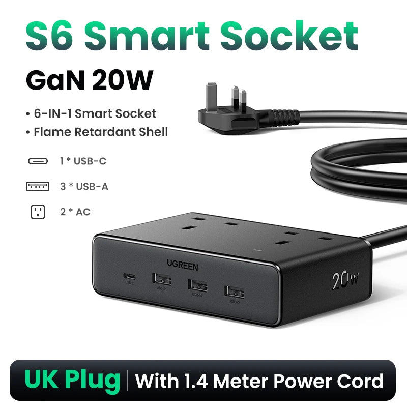 UGREEN 6 in 1 Power Strip UK Plug 2 AC 3 USB-A 1 USB-C 2990W 13A 250V Surge Protector PC Material with Indicator Light