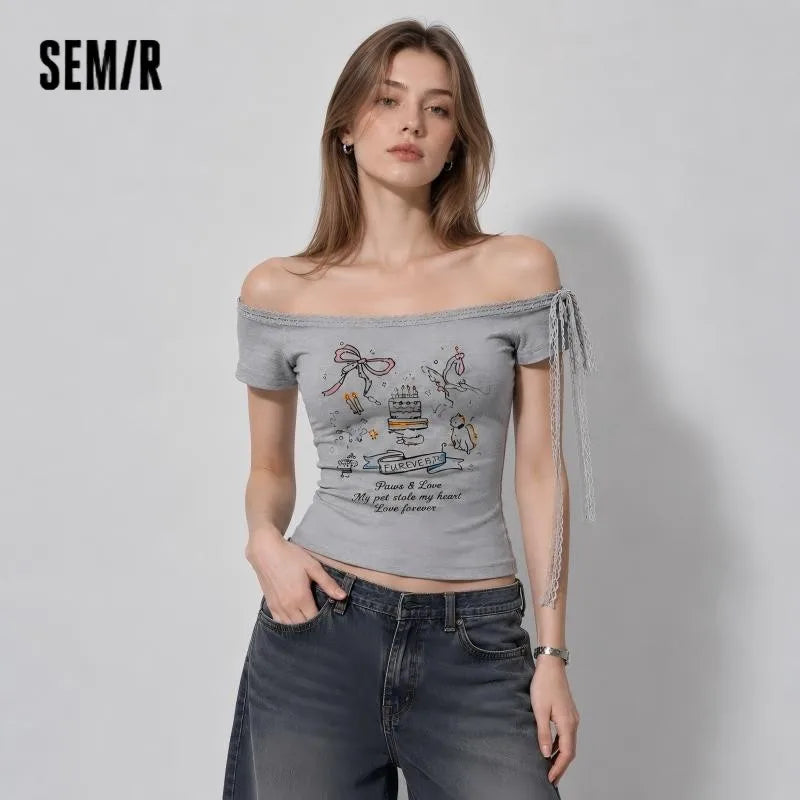 Semir Women Tshirt Lace One Shoulder Print Slim Cropped Top 2026 Summer Trendy