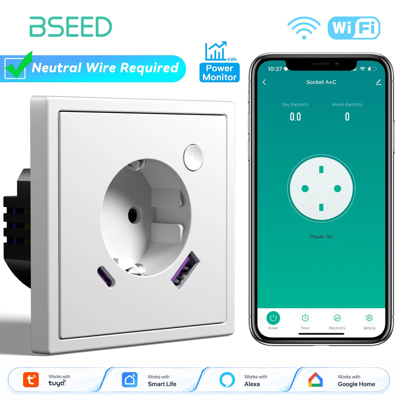BSEED E Series WIFI Wall Socket Smart Power Monitor Socket 20W USB Type-C Charge Port Plastic Frame Tuya Smart Life Control