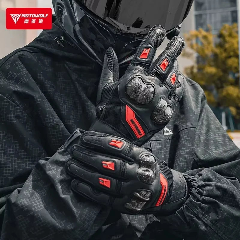 ស្រោមដៃស្បែកម៉ូតូ MOTOWOLF ស្រោមដៃជិះបួនរដូវ ការពារជាតិសរសៃកាបូន អេក្រង់ប៉ះ ការពារការធ្លាក់ មានខ្យល់ចេញចូលបានល្អ
