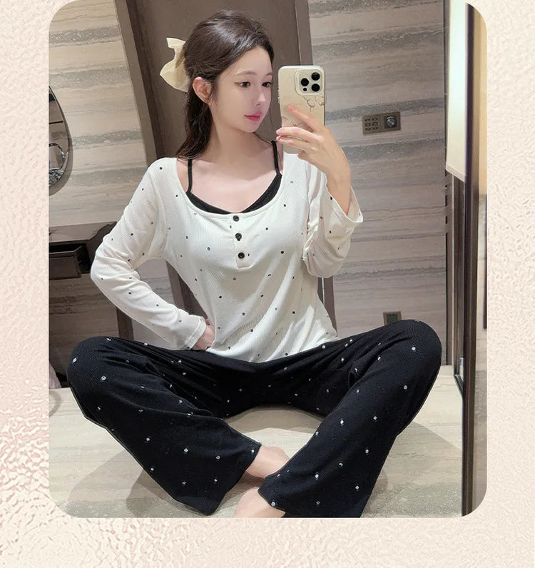 Spring Autumn Women's Pajamas Set Modal Long Sleeve Top Pant Suit 2025 Lounge Wear Sleepwear Sleeping Clothes Home Pijama