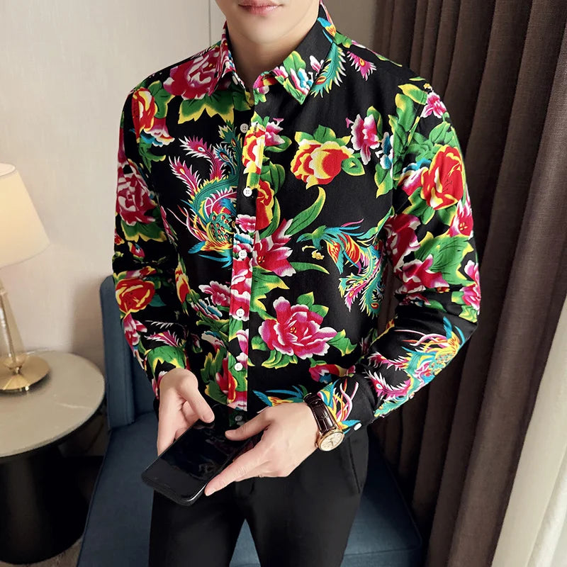 2026 Men's Red Printed Long Sleeve Shirts, Single-Breasted Square Collar Shirt, Chinese Nostalgia Style Tops Camisa Male Chemise