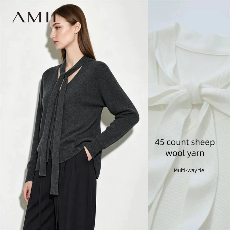 Amii Cardigan Loose Fit V-Neck Tie Detail 2026 Autumn New Office Elegant Single Breasted Long Sleeve Knitted Woman Tops 12643068