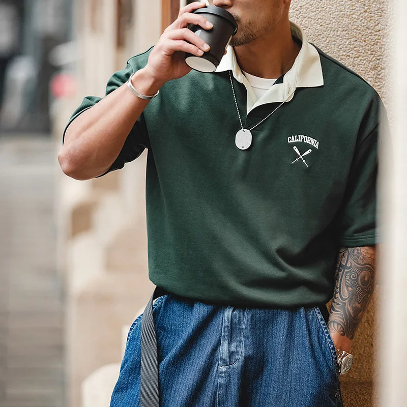 Maden Contrasting Color Short Sleeve T-shirts for Men Summer Green Loose Fit Polo Shirt Casual Embroidery Tee Tops for Daily
