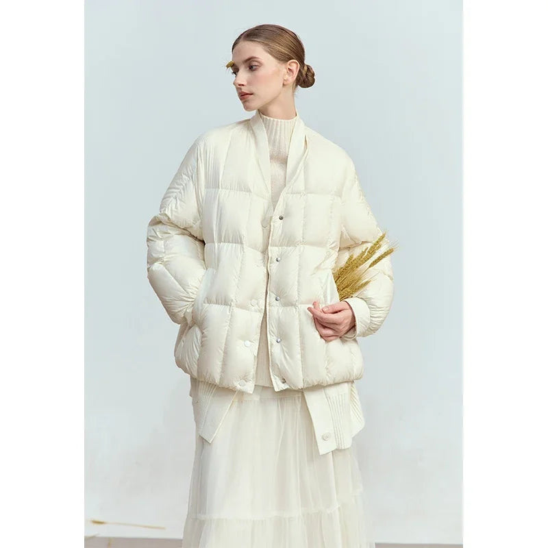 AMII 2026 Winter New Women's Shoulder Sleeves Thickened Collision Material Splicing Wool Fake Two-piece Down Jacket 12444054