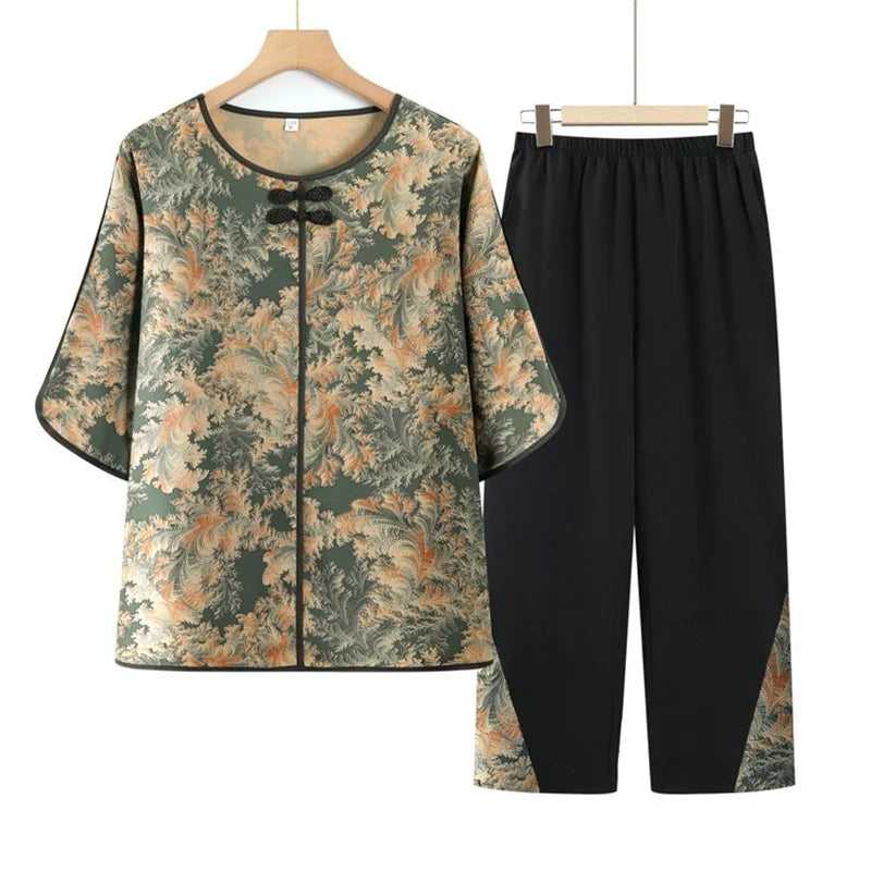 សំលៀកបំពាក់យាយធំ XL-6XL ឈុតសម្លៀកបំពាក់នៅផ្ទះរចនាប័ទ្មចិនថ្មីសម្រាប់ម្តាយបែប Retro ឈុតសម្លៀកបំពាក់ពីរដុំសម្រាប់រដូវផ្ការីករដូវស្លឹកឈើជ្រុះ ឈុតគេងធម្មតា