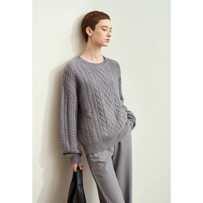 អាវយឺត Amii Minimalism Solid Women Solid 2025 ថ្មីរដូវស្លឹកឈើជ្រុះ គុណភាពរោមចៀម O-neck ដៃវែង អាវប៉ាក់បែប Vintage ទន់ 12443119