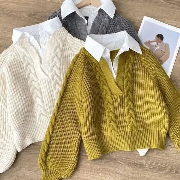 Autumn Winter Splicing Women's Outer Wear Lapel Top Knitted Sweater Fake Two Pieces Pullover Jumper Ladies Bottoming Shirt