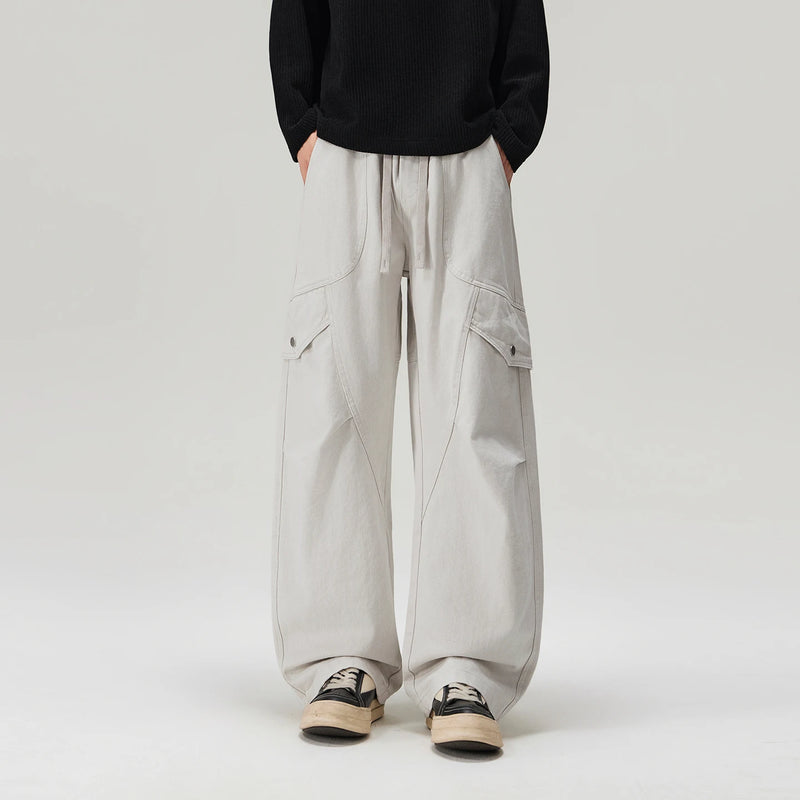 2026 Autumn New 100% Cotton Casual Big Pockets Cargo Pants for Men Clothing Darwstring Loose Trousers GF268136
