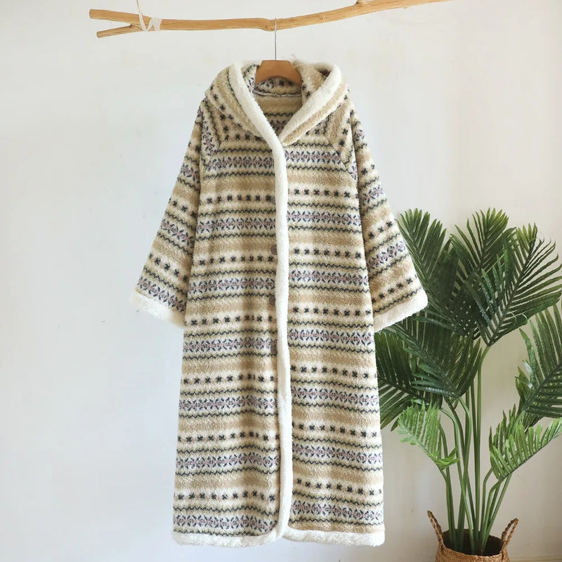 Retro Print Winter Hooded Homewear Thickened Warm Woman Clothing Long Sleeve Robe for Ladies' Bathrobe Sleepwear Dressing Gown