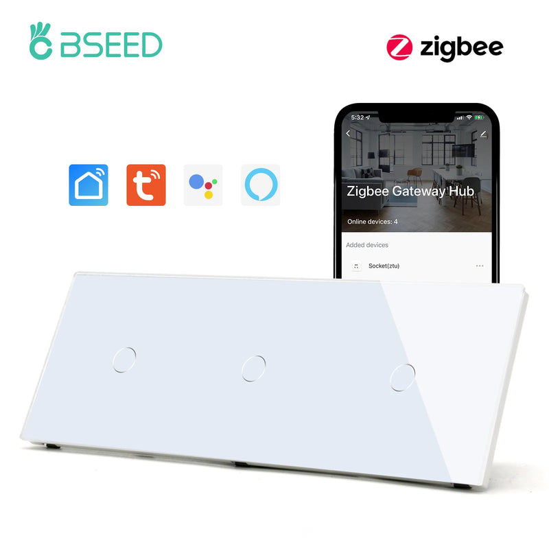 BSEED Zigbee Wall Switches Smart Touch Screen Light Switch 1/2/3Gang 1/2/3Way Google Alexa Tuya App Control No Neutral Line